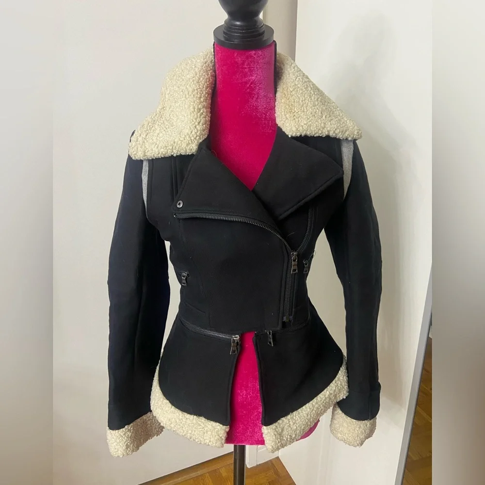 Bcbg black wool moto shearling jacket XS - Picture 1 of 7